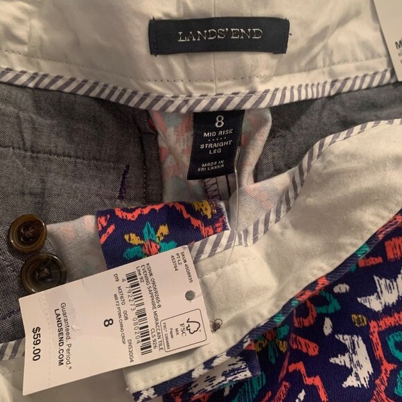 Lands End Chino Pants Mid-Rise Straight Leg Colorful Aztec Tile Print Size 8 New - Picture 4 of 12
